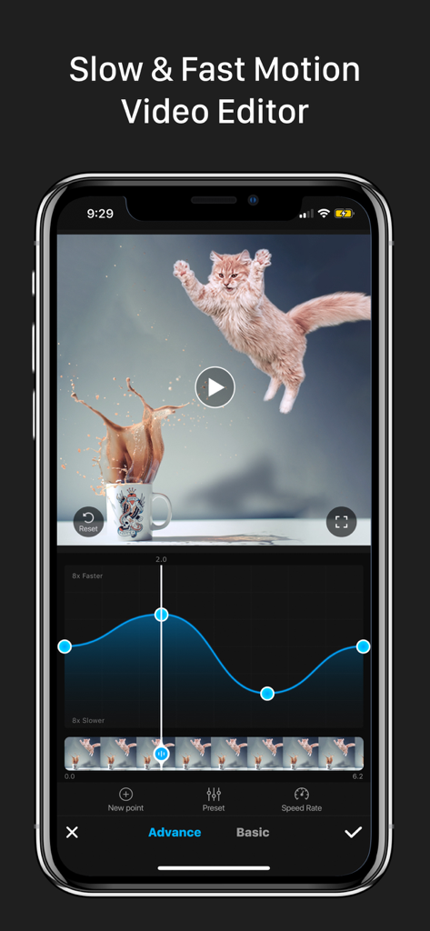Slow Motion Video Fx Editor - Smartphone screen showing a video of a jumping cat being edited with a speed ramp curve in the Slow Motion Video Fx Editor app
