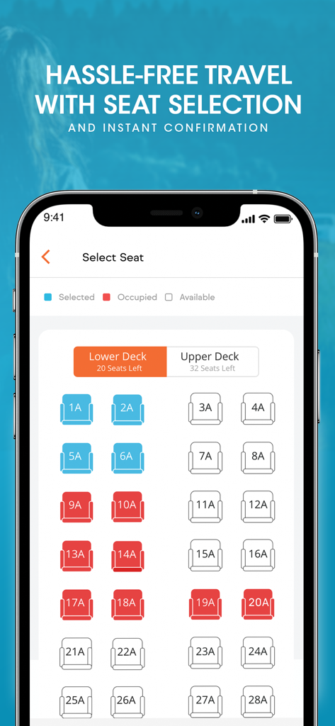 BookMeBus — Bus Ferry and Taxi - Mobile app interface for selecting seats on a bus or ferry with real-time availability