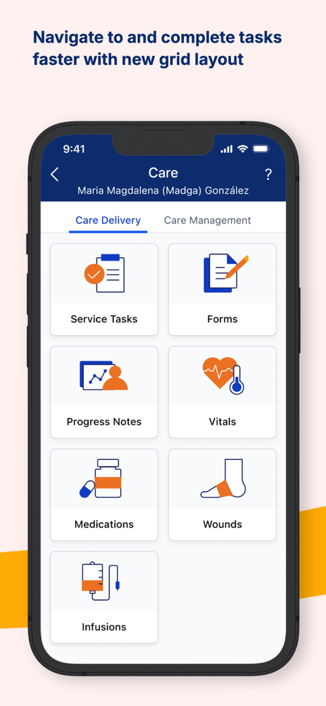AlayaCare app screen showing a grid layout of clinical tasks including service tasks, forms, progress notes, and medications for a patient visit.