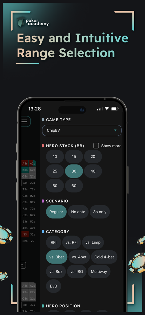Poker Academy app screen for selecting GTO hand ranges based on stack size and scenario