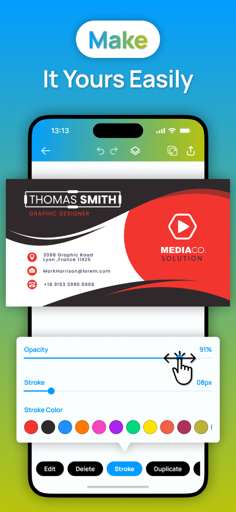 Business Card Maker : Editor - Interfaz móvil de una aplicación creadora de tarjetas de presentación que muestra herramientas de edición de opacidad y trazo en una plantilla de diseño profesional