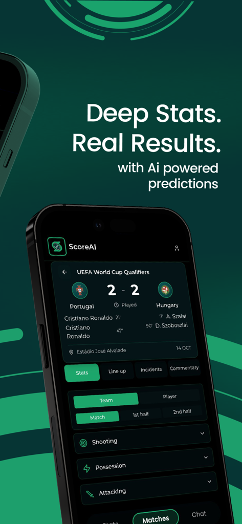 ScoreAI - ScoreAI mobile app displaying football match statistics and AI predictions
