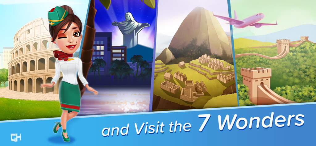 Amber the flight attendant winking in front of panels showing the Colosseum, Christ the Redeemer, Machu Picchu, and the Great Wall of China