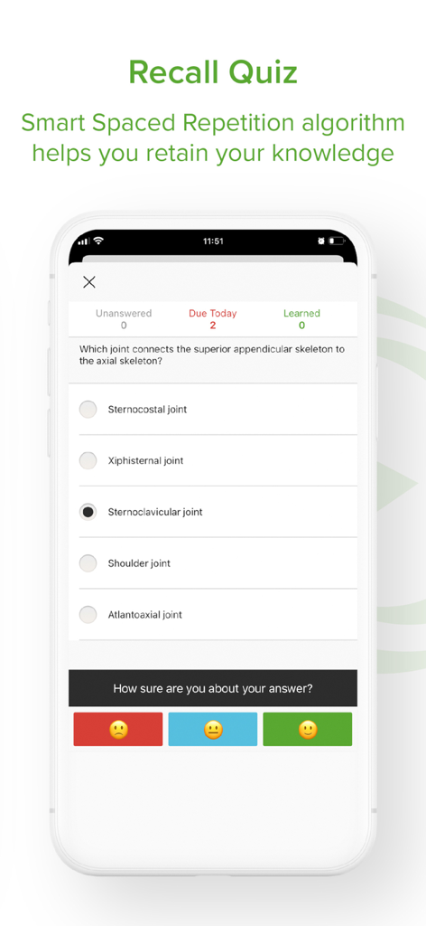 Lecturio medical education app recall quiz interface featuring an anatomy question and spaced repetition settings