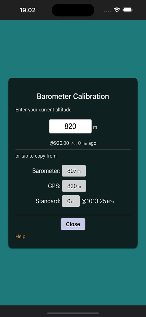 Altimeter (Barometer) - Manual barometer calibration interface in the Altimeter app showing altitude input and GPS reference values.