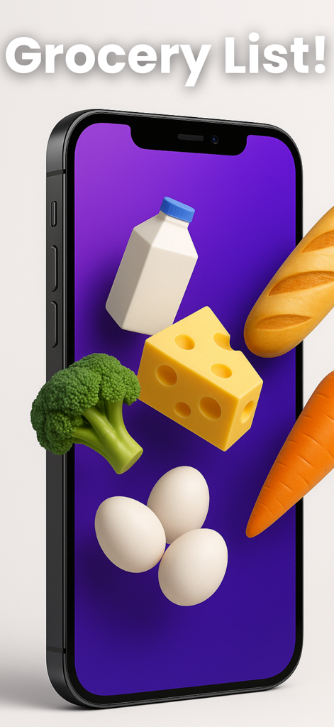 iPhone screen displaying 3D grocery icons including milk cheese and broccoli