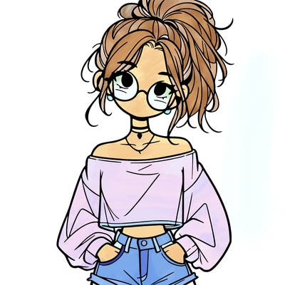 girl with a messy ponytail glasses a baggy crop top and jean shorts