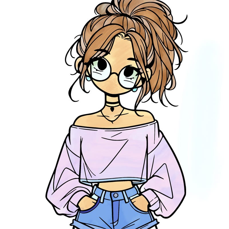 girl with a messy ponytail glasses a baggy crop top and jean shorts
