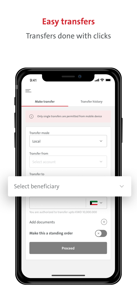 Boubyan Business - Interface of the Boubyan Business app for initiating a money transfer.