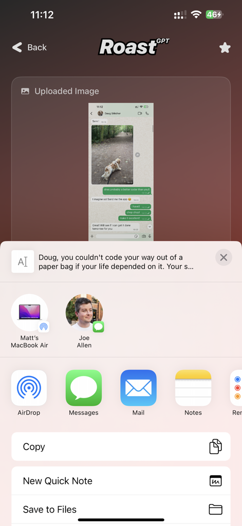 RoastGPT - AI Roast Generator - RoastGPT app interface showing an AI-generated roast and the iOS share menu to send the joke via message or email.