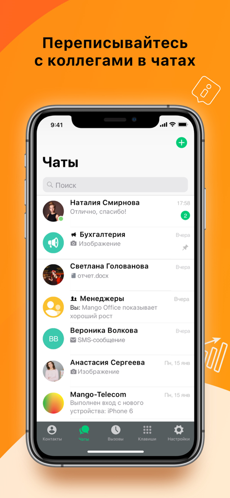 Mango Talker app interface showing a list of corporate chats and professional messenger threads on a smartphone screen.