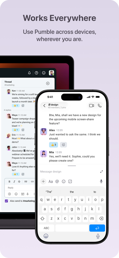 Aplicativo de mensagens empresariais Pumble exibido em um smartphone e tablet
