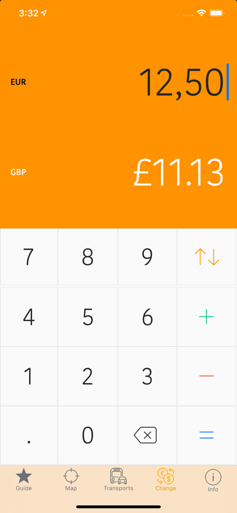 London Map and Travel Guide - 런던 지도 및 여행 가이드 앱의 통화 변환 화면에 유로와 영국 파운드 간의 변환과 숫자 키패드가 표시됨