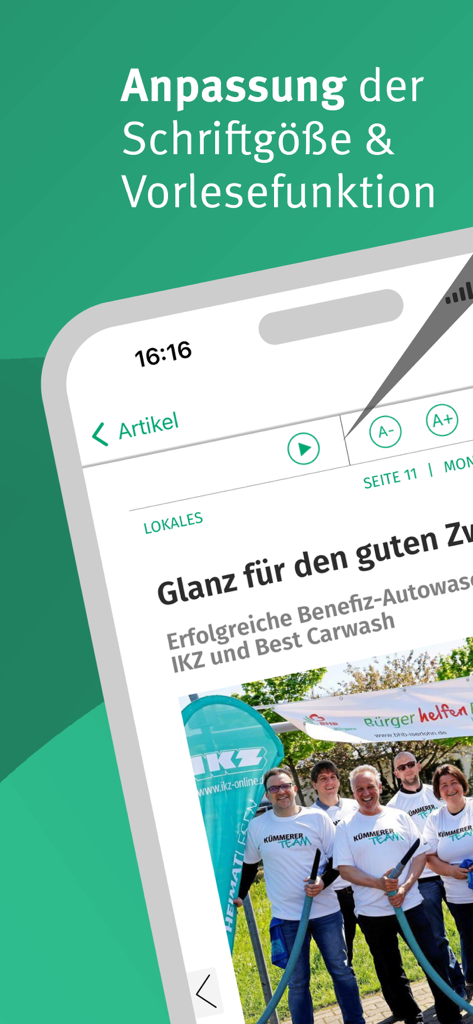 Ein Smartphone, das die IKZ E-Paper-App mit Optionen zur Anpassung der Schriftgröße und Text-to-Speech-Funktionen zeigt.