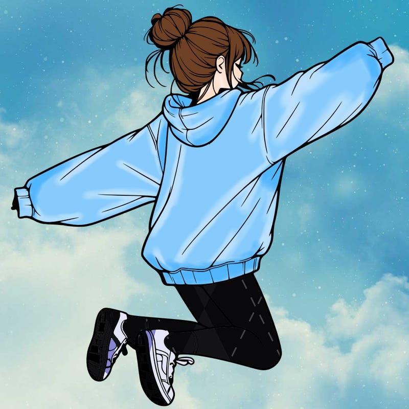 realistic girl jumping with a bun and oversized sweatshirt
