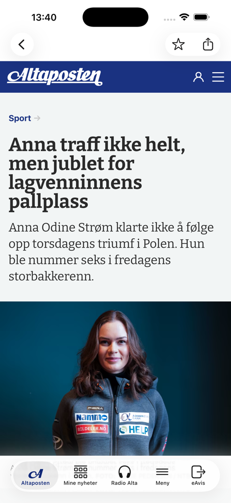Altaposten - L'app di notizie Altaposten che mostra un articolo sportivo su un atleta norvegese