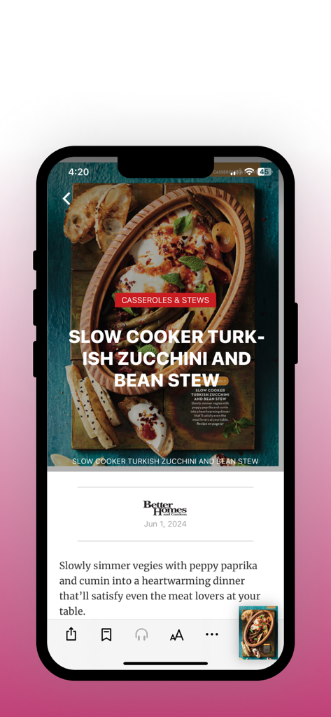 Better Homes and Gardens app displaying a slow cooker zucchini and bean stew recipe