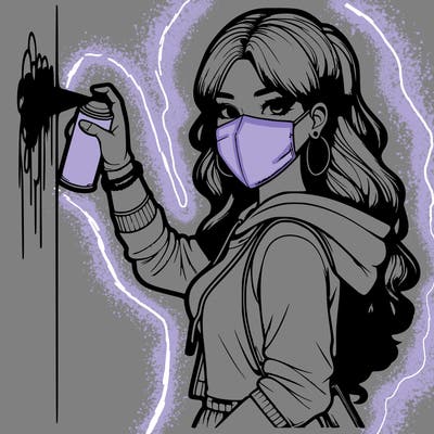 realistic girl with mask spray painting a wall