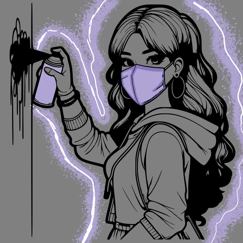 realistic girl with mask spray painting a wall