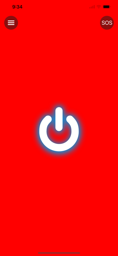 Flashlight X app screen with a red background featuring a glowing power button and SOS option.