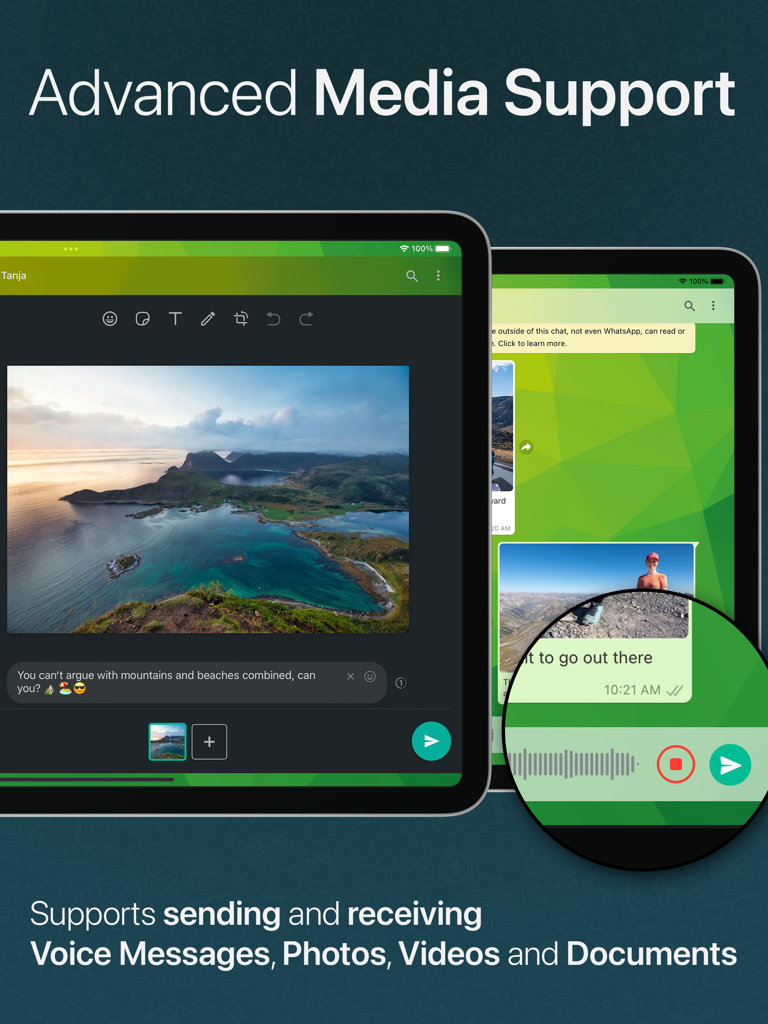 ChatMate für WhatsApp iPad-Benutzeroberfläche mit Fotobearbeitungs- und Sprachnachrichten-Funktionen
