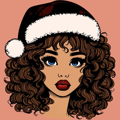 realistic girl with a santa hat curly hair and lips