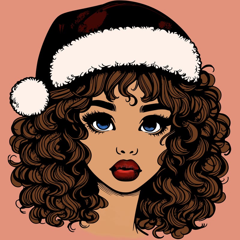 realistic girl with a santa hat curly hair and lips