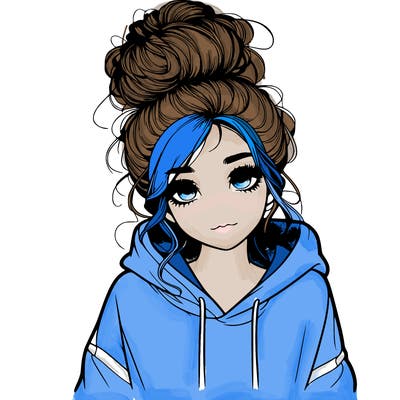realistic girl with a massy bun and a hoodie