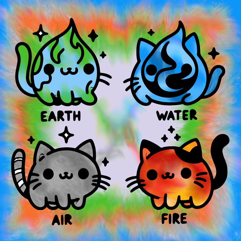 4 cats that represent the different elements, earth, water, air, and fire