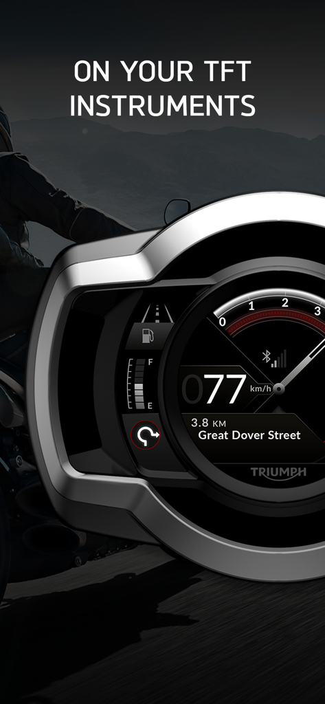 My Triumph - Close-up of a Triumph motorcycle TFT dashboard showing live turn-by-turn navigation instructions and speed