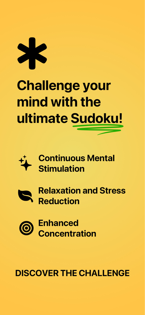 Sudoku Logic Puzzle BrainGames - Sudoku logic puzzle app promotional screen highlighting mental stimulation, stress reduction, and concentration benefits on a yellow background.