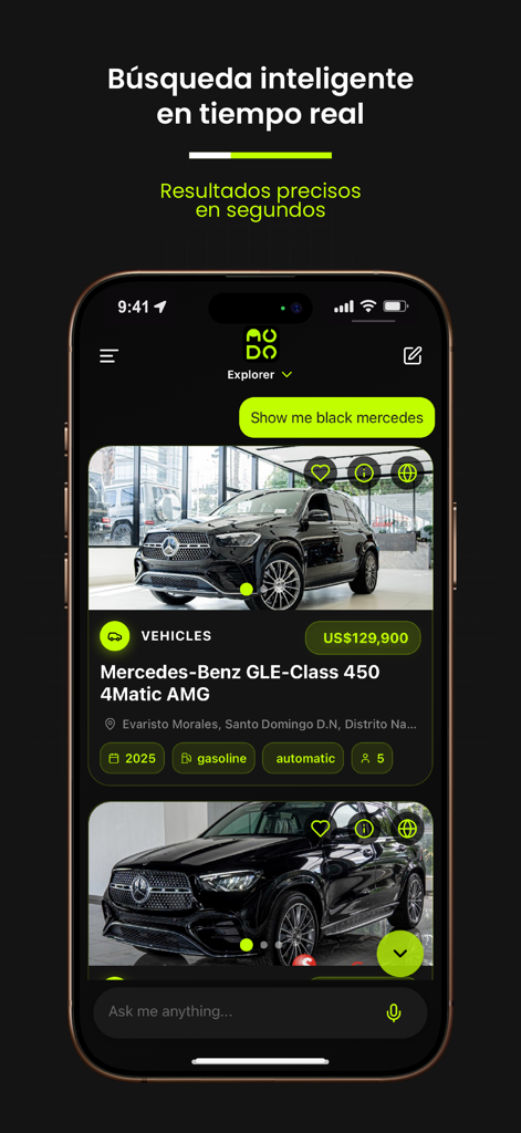 Interfaz de la aplicación móvil NODO.ia mostrando resultados de búsqueda inteligente en tiempo real para un vehículo de lujo.