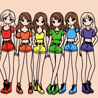 a group of girls wearing crop tops and shorts