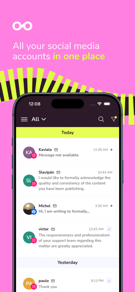 Metricool-App-Oberfläche mit einem gemeinsamen Posteingang für Nachrichten von mehreren Social-Media-Plattformen