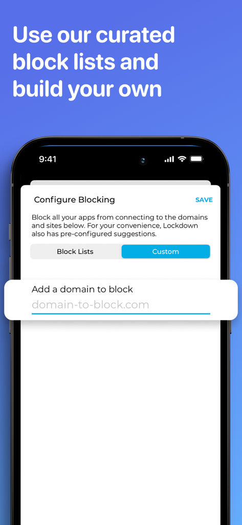 Interfaccia dell'app Lockdown Privacy che mostra la funzionalità di blocco personalizzato dei domini del firewall su un iPhone