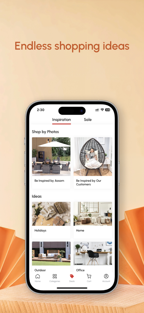 Aosom Online Shopping for Home - Captura de tela do aplicativo Aosom mostrando categorias de inspiração para casa e jardim e fotos