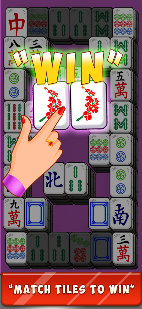 Una mano emparejando fichas florales en el juego móvil Mahjong Quest para ganar un nivel