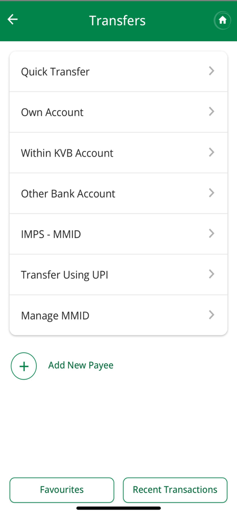 KVB DLite mobile banking app interface showing fund transfer options including UPI and IMPS
