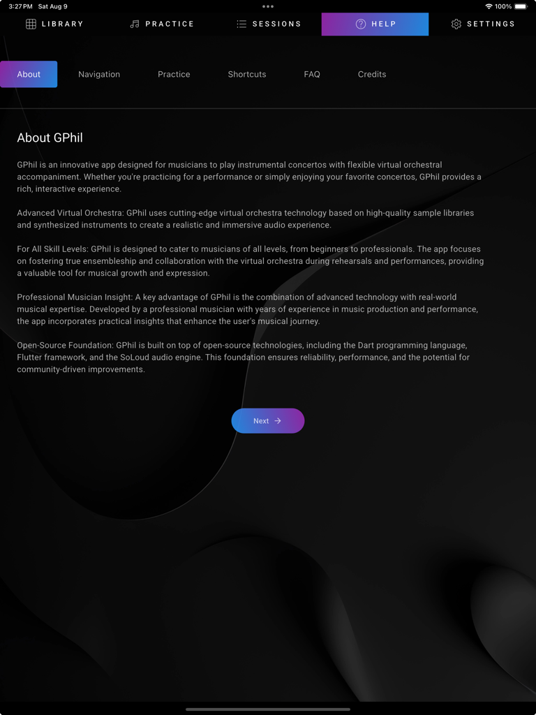 GPhil - The About page of the GPhil app on an iPad describing its virtual orchestra accompaniment features for musicians