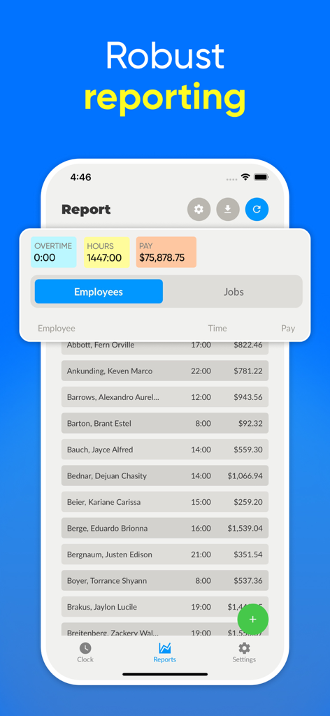 Toolr: Work time clock tracker - Robuster Berichts-Bildschirm der Toolr-App, der Arbeitsstunden und Bezahlung der Mitarbeiter anzeigt