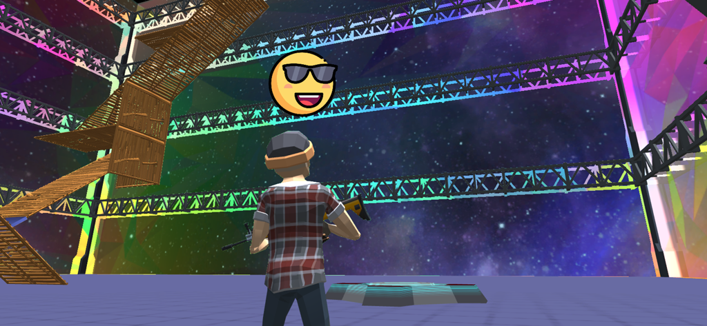 Ein Spielercharakter in einer Neon-Arena mit hölzernen Treppen und Bauelementen in BuildNow GG