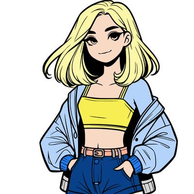 a realistic girl with a crop top and short shorts in an open jacket