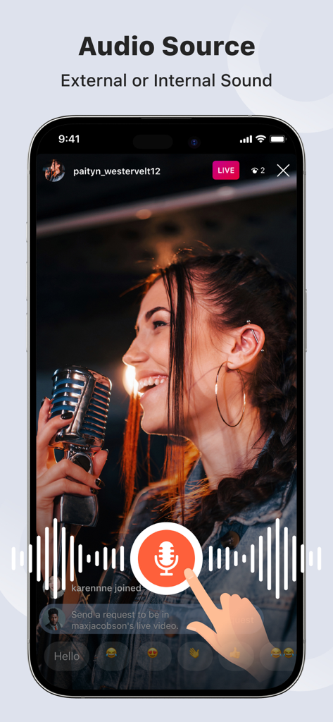 Screen Recorder - Recorder - Interface of the screen recorder app showing selection for internal and external audio sources with a live stream background.