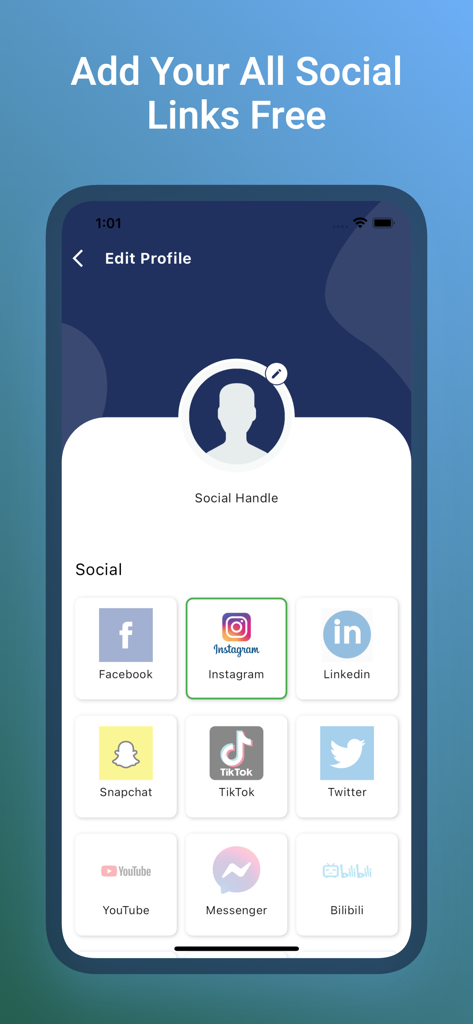 NFC TOOL - Interfaz para añadir enlaces de redes sociales a un perfil NFC para compartir rápidamente.