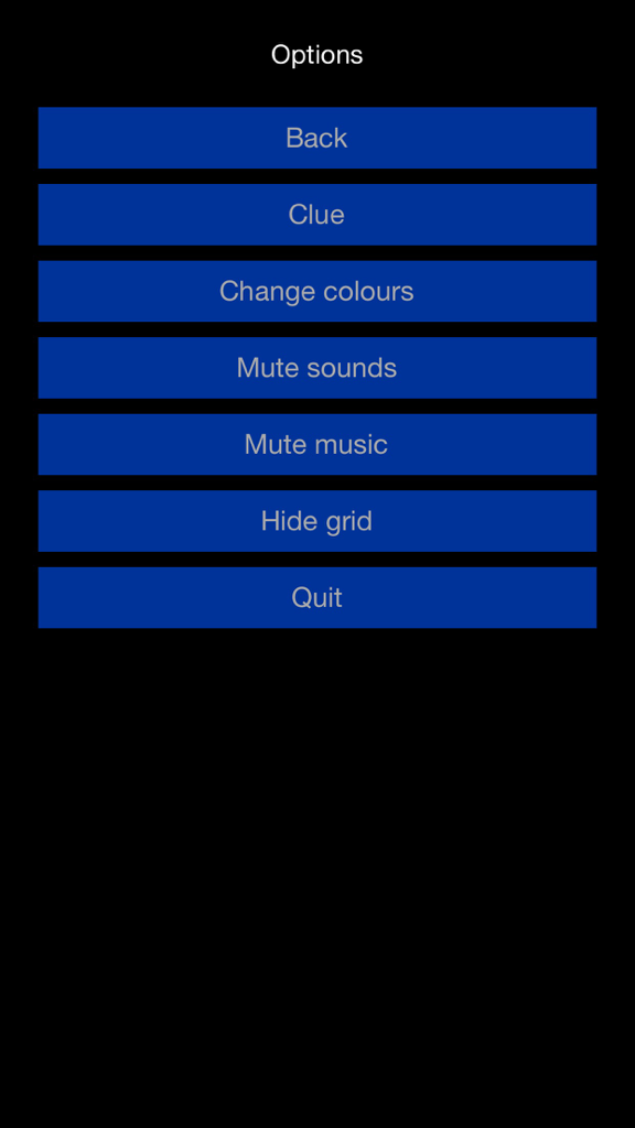 Accessible letter soup - Menú de opciones de alto contraste para el juego de sopa de letras con botones azules sobre un fondo negro.
