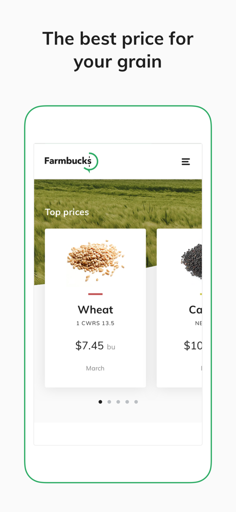 Farmbucks app interface showing top market prices for wheat grain