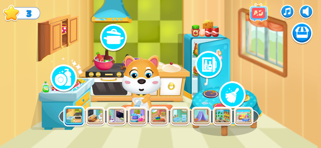 Cleanup Home: Cleaning Games - Cute animal character in a cartoon kitchen with cleaning game activity icons