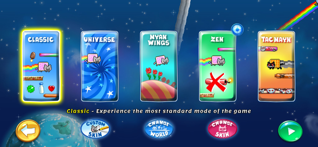 Menú de selección de modos de juego de Nyan Cat Lost In Space mostrando los modos Clásico, Universo, Alas Nyan, Zen y Tac Nayn.