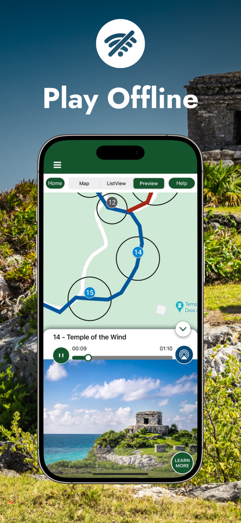 Mobile app interface for the Tulum Ruins audio guide showing an offline GPS map and the Temple of the Wind audio player.