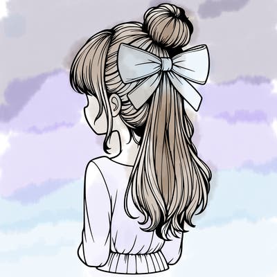 realistic girl  with hip length hair a bun and a big bow on the back of head